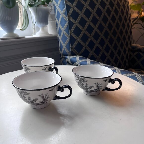 3 Aux Au Provence French Country Black and white Teacups with chickens/rabbit - Picture 3 of 15